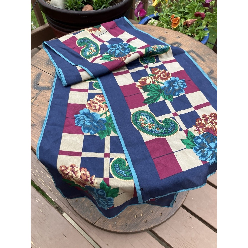Vintage Albert Nipon Silk Scarf Blue Floral Paisley Checkered Japan 10x52 Inches